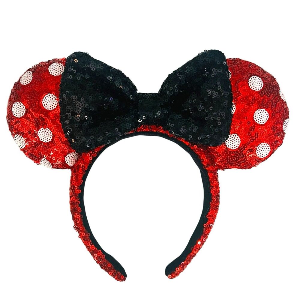 Disney Minnie Mouse Red Polka Dot Sequin Mouse Ear Headband with Black Bow